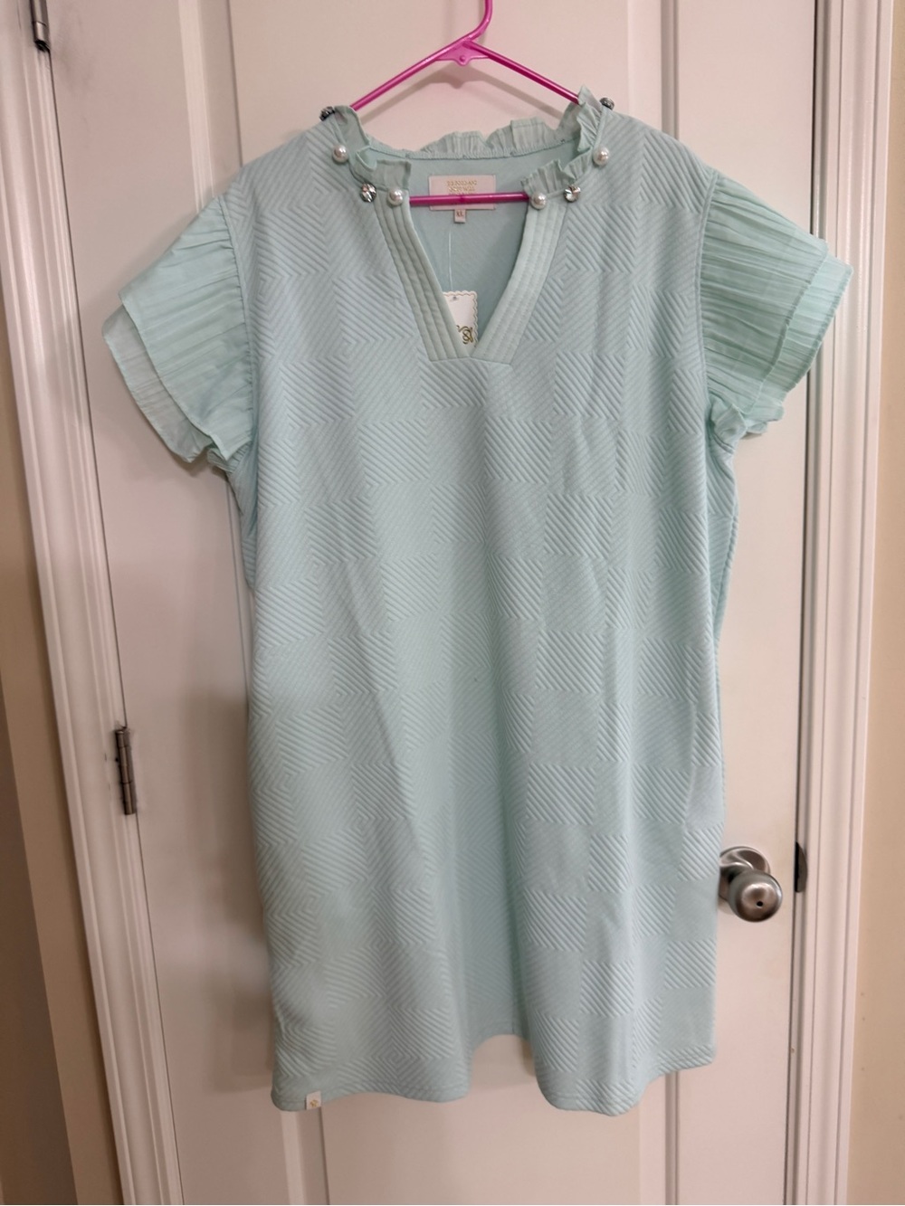 Simply Southern Mint Green Asymmetrical V-Neck Dress with Pearl Trim